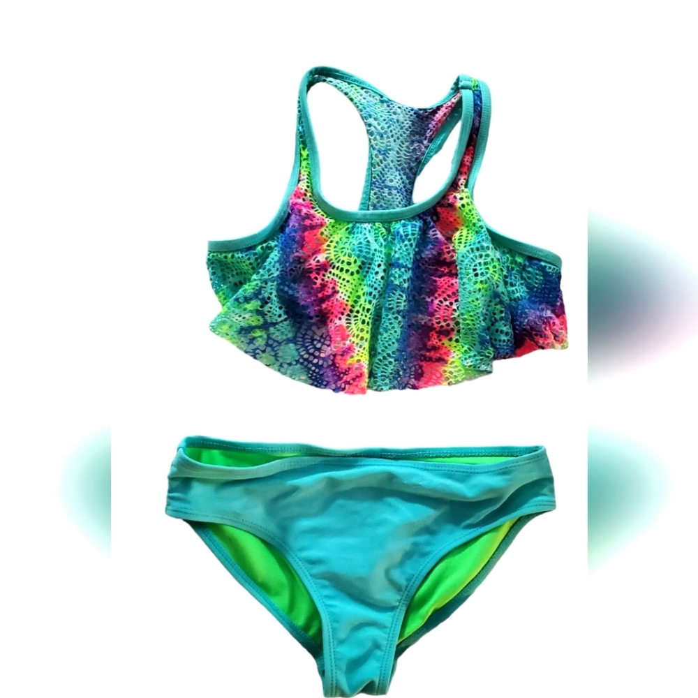 GIRLS M (7/8) WONDER NATION RACERBACK RUFFLE‎ RAINBOW 2-PC SWIMSUIT, TURQUOISE